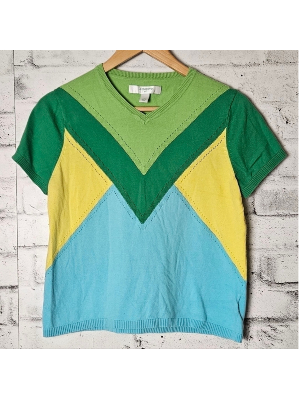 Liz Claiborne Golf Colorblock Knit Sweater Top Green Yellow Blue Size L